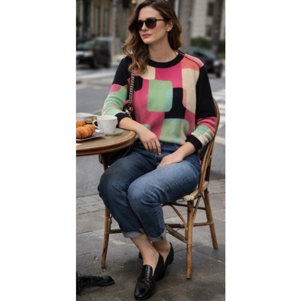 Avverie 100% Cashmere Sweater PS Colorblock Pink Green Black Crew Neck Soft Luxe - Picture 4 of 4